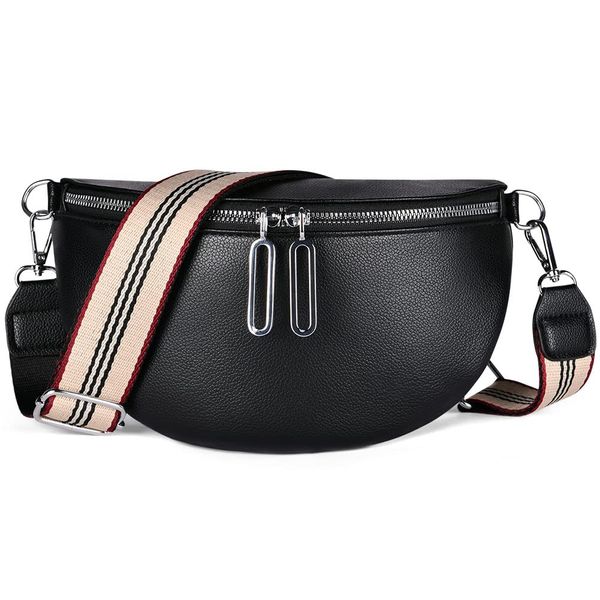 Aucuu One Shoulder PU Leather Women Bag Wide Strap Messenger Bag Women Small Shoulder Bag Zipper Shell Bag Tote, with 1 Woven Stripe Wide Shoulder Strap (Black)