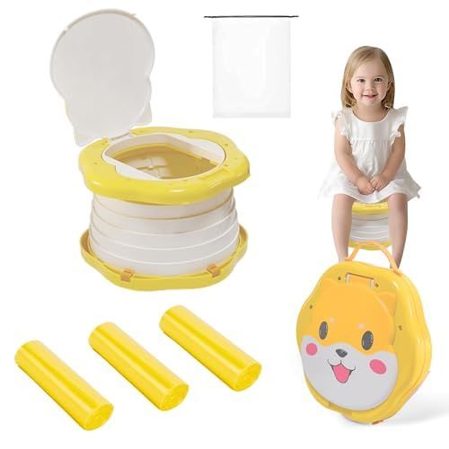 SunnySmile Travel Potty for Toddler,Portable Toilet for Kids，Potty Training Toilet Seat ，Applicable to Travel，Camping, Outdoor, Indoor，With 45 Potty Bags，Cartoon Design, Children Will Like it More
