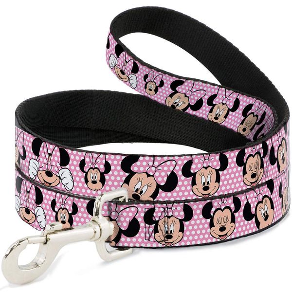 Buckle-Down Pet Leash - Minnie Mouse Expressions Polka Dot Pink/White - 4 Feet Long - 1/2" Wide