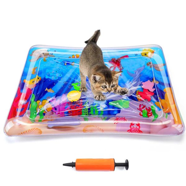 Palksky Cat Water Mat, Upgraded-Thicken Unbreakable Pet Cat Water Bed for Summer, Cat Water Sensory Play Mat for Indoor Cats, Interactive Cat Toys for Self Play (Square)