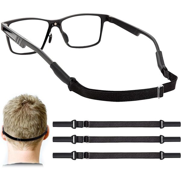 Adjustable Glasses Straps - 3 Pcs No Tail Adjustable Eyewear Retainer Glasse Strap for Men's Glasses Straps, Kids' Glasses Straps, Women's Glasses Straps, Sunglasses Straps, Black(7.5-13.5 inch)