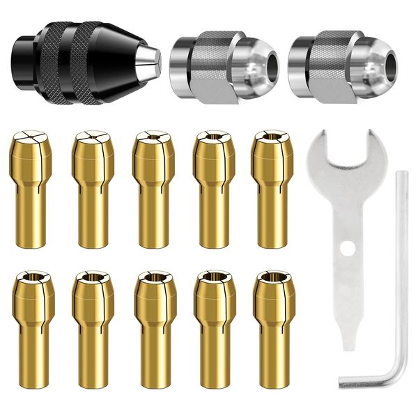 Drill Chuck Collet Set for Dremel, 15PCS Chuck Collet Kit, 0.8-3.2mm Shank Replacement 4486 Rotary Tool Keyless Quick Change Chuck Accessory with Replacement 4485 Brass Collet Metal Nut