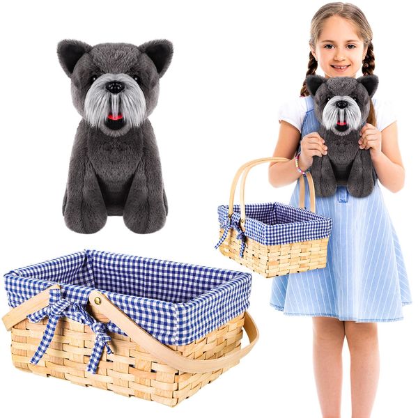 Seenelling Terrier Stuffed Animal Picnic Basket Cairn Terrier Stuffed Animal Rectangular Picnic Basket with Double Folding Handles, Lined with Blue and White Plaid Lining for Gifts Halloween Costumes