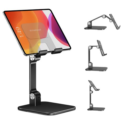 elitehood Aluminum iPad Stand for Desk [Ultra-Stable & Sturdy], Height Adjustable Tablet Stand, Portable Tablet Holder Dock for Home Office, Compatible with iPad Pro 12.9, iPad Air Mini 6 5 4 3, Black