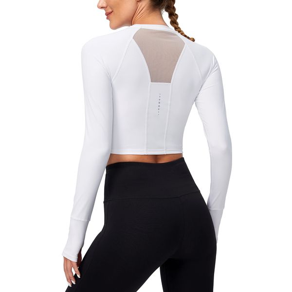 SANTINY Women's Long Sleeve Crop Workout Tops Slim Fit Gym Yoga Running Shirts for Women(A White_S)