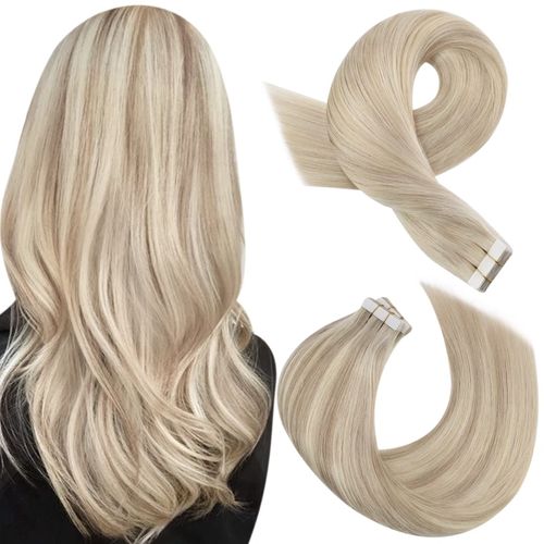Moresoo Tape-In Hair Extensions, Real Hair, Invisible, Remy Hair, Ash Blonde with Platinum Blonde #P18/613, Thick, 35 cm, 20 Pieces, 40 g