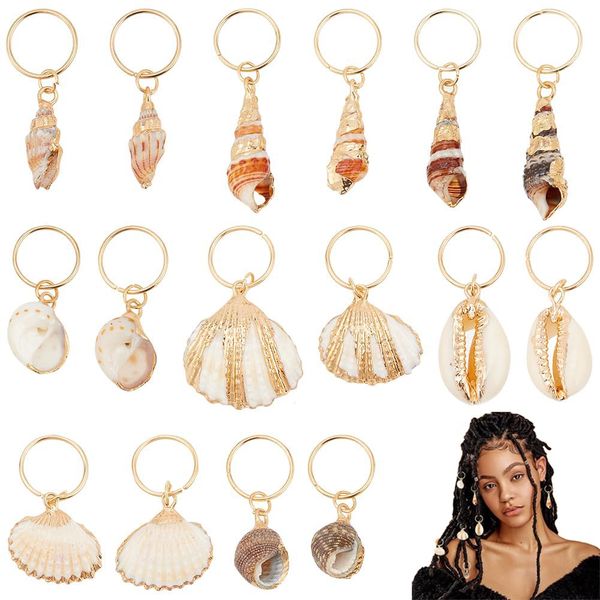 PLIGREAT 16 Pcs Seashell Conch Dreadlock Rings Charms Braids Hair Jewelry Set DIY Locs Hair Accessories Beach Shell Pendant Hair Charms for Women Men Hair Braids Ponytail Hair Decor, 8 Styles