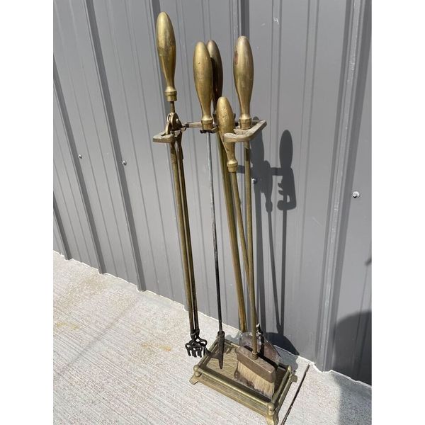 Vintage brass fireplace poker set broom tongs shovel