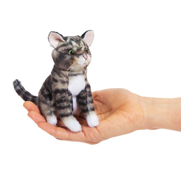 Folkmanis Mini Tabby Cat Finger Puppet, Gray; Black; White