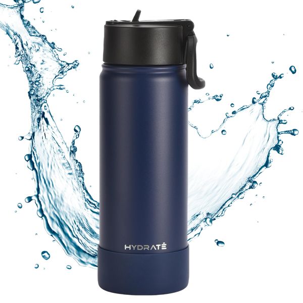 HYDRATE 500ml Stainless Steel Water Bottle with Sleeve Base - Thermal Flask for Cold and Hot Drinks - Convenient Straw for Easy Hydration - Reusable Sports Drink Bottle - Insulated - Blue