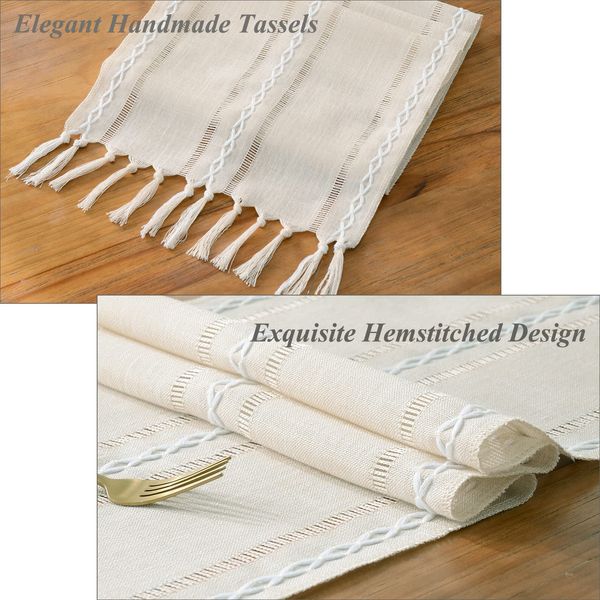 Wracra Hemstitch Cotton Linen Table Runner Farmhouse Style Ivory Table Runner 120cm Long with Hand-tassels for Dining Kitchen Party and Dessert Table Decor(Ivory, 120cm)