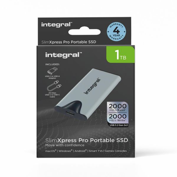 Integral SlimXpress Pro 1TB External SSD: 2000MB/s Read/Write, USB-C 3.2 Gen 2x2, Compact Aluminium Design, Plug & Play. Mac, PC, Android, XBOX, PlayStation Compatible.