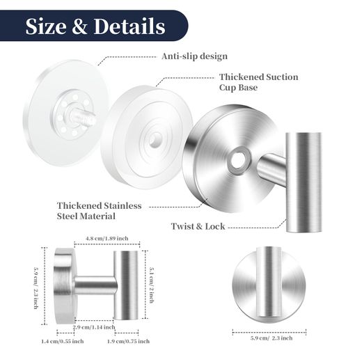 Suction Cup Hooks for Shower, 4 Pack Towel Hook for Bathroom, Stainless Steel Wall Hanger, No-Drill Shower Hook Robe Hook for Kitchen, Glass, Mirror, Tile to Hang Towels, Robes, Loofah(Black)