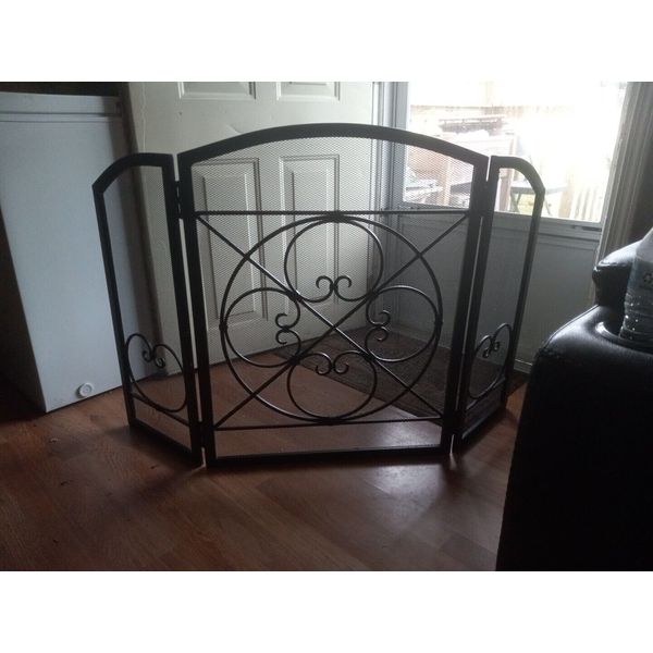 3 Panel Heavy Black Wrought Iron  Scrollwork Fireplace Screen