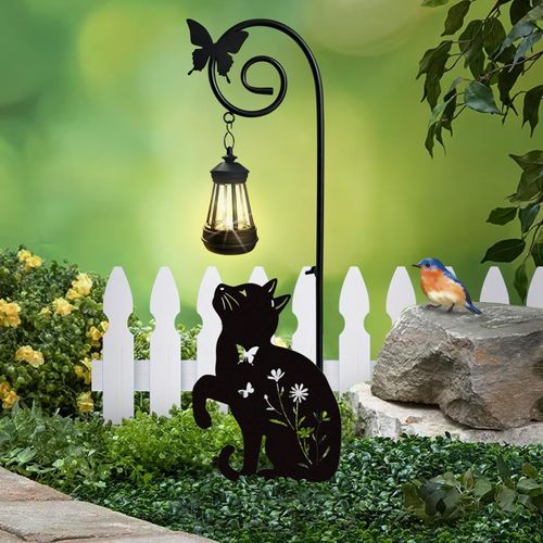 YY Gardenia Metal Cat Stake with Solar Lights Outdoor Decorative,Black Cats Lawn Ornaments,Womens Gifts Unique,Garden Silhouette Animal Decor (Cat)