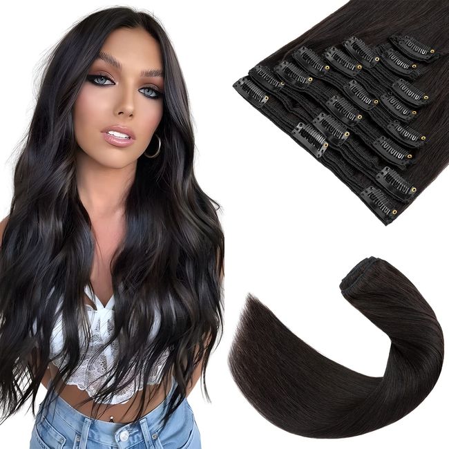 Elailite Clip in Extensions Echthaar doppelt Tressen dicke Volumen Haarverlängerung glatt 40cm 130g #1B Naturschwarz