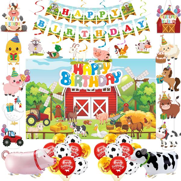 Farm Birthday Party Decorations Farm Animals Barnyard Decor Barn Backdrop Banner Cartoon Animal Cutouts Walking Balloons Cow Pig Hanging Swirls Farm Birthday Party Supplies for Kids Boys Girls Bday