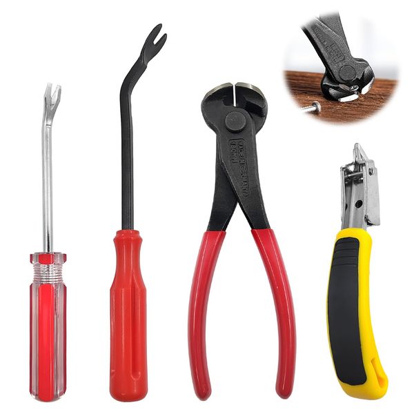 4 Pcs Nail Puller Tool Kit, Elbow Staple Remover + Red Handle Staple Remover + Flat Top Cutting Pliers + Yellow and Black Staple Remover, Pry Bar Set Hand Tools, for Furniture Floor Wall