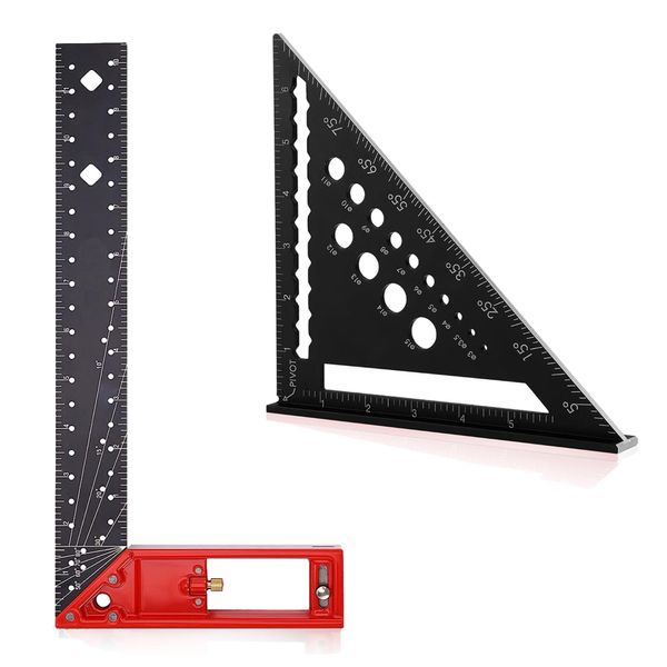 Dajianglx 7" Rafter Square and 12" Framing Square Carpenter Square Set, Multifunctional Aluminum 90/45 Degree Woodpecker Square and Precision L Combination Square, Square Tool for Woodworking