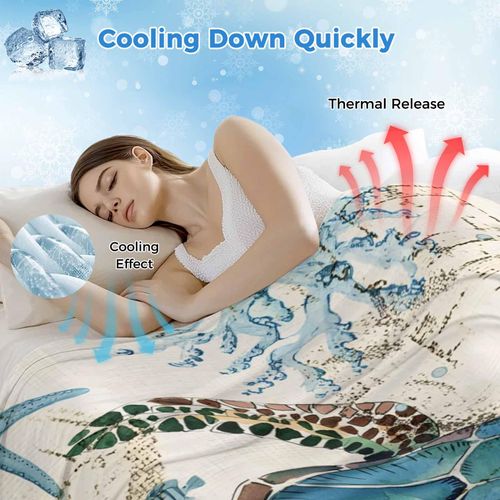 Nautical Turtle Cooling Blankets for Hot Sleepers Ocean Coral Starfish Retro Cool Throw Blanket, Lightweight Coastal Turtle Ice Blanket 40" x 60" Summer Cold Blankets for Night Sweats