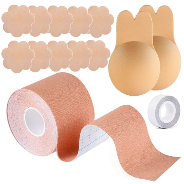 Sixome Boob Tape Strapless Push up Bra Self Adhesive Sticky Bra Strong Bob Lift Tape Stick on Bra with Petal Nipple Covers and Rabbit Ear Beige