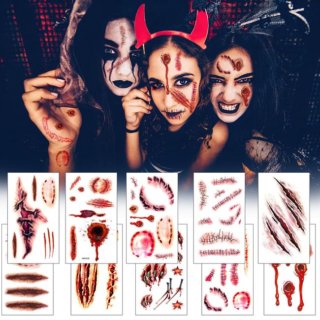 Narben Tattoo Halloween, ZoneYan 10 Stück Halloween Tattoo Wunden Kratzer, Tattoos Aufkleber Wasserdicht, für Halloween Cosplay Thema Party Make-up Requisiten