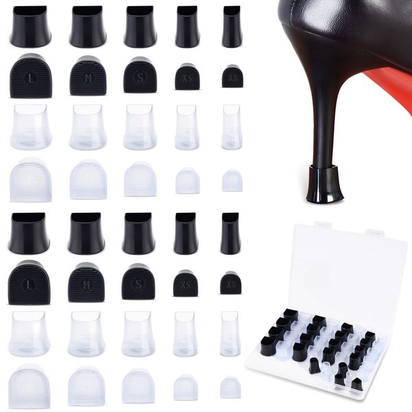 Modixun 20 Pairs 5 Sizes High Heel Protectors, Heel Repair Caps Covers Non-Slip Heel Stoppers, Heel Replacement Tips with Storage Box for Wedding, Grass, Gravel