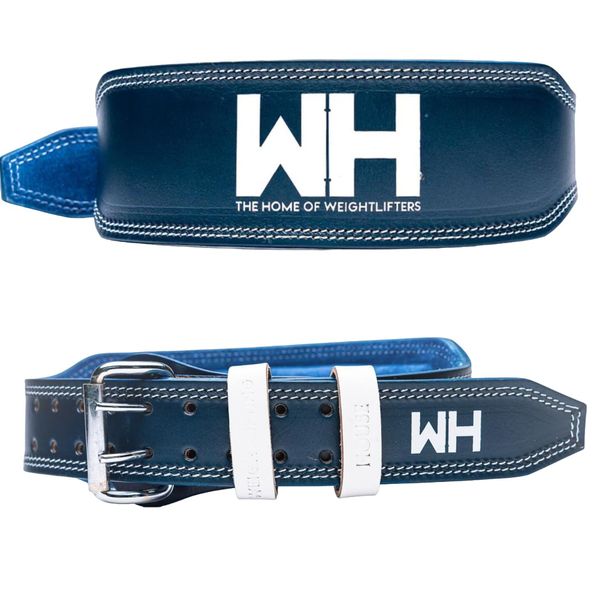 Weightlifting House Weight Lifting Leather belt for Olympic Weightlifting, Powerlifting, Squatting, Deadlifts and Bodybuilding. Workout gym belt for back support. For men & women. (M, Blue & White)