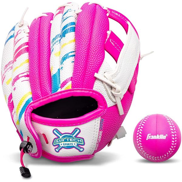 Franklin Sports Air Tech Baseball Glove with Ball - Tee Ball - Soft Air Tech Foam - White/Pink, 9.0" - Right Hand Thrower