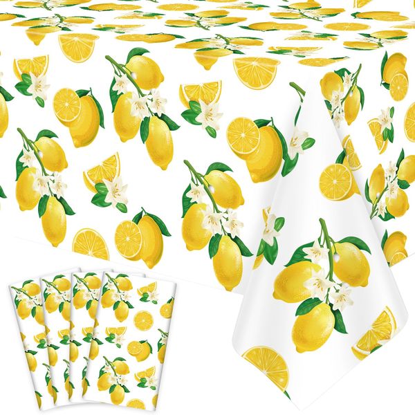 4 Pack Lemon Tablecloth Lemons Summer Party Tablecover Rectangle Lemons Table Cover 51 x 86 " Yellow Lemons Disposable for Lemon Theme Birthday Party Wedding Shower Supplies Lemon Table Decorations