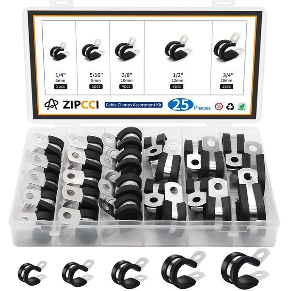 ZIPCCI Cable Clamps Assortment Kit, 25 Pack Stainless Steel Rubber Cushion Pipe Clips (1/4'' 5/16'' 3/8'' 1/2'' 5/8'' 3/4'' inch)