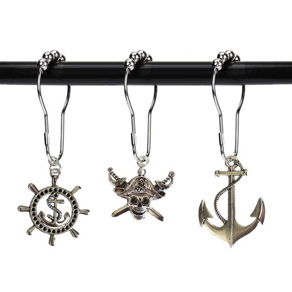 Aimoye Nautical Shower Curtain Hooks Rings - Pirate Skull Anchor Rudder Decorative Bathroom Accessories Set, Silver Metal Shower Hooks for Shower Curtain, Tropical Ocean Beach Sea Theme Bathroom Decor