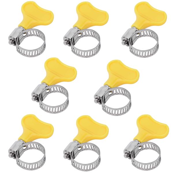 Samcos Hose Band, Stainless Steel, For Fixing Watering Hoses, No Tools Required, Knob Type, Yellow, Strong Fixing, Outer Diameter: 0.6 - 1.0 inches (16 - 25 mm), Easy To Work (Set of 8)