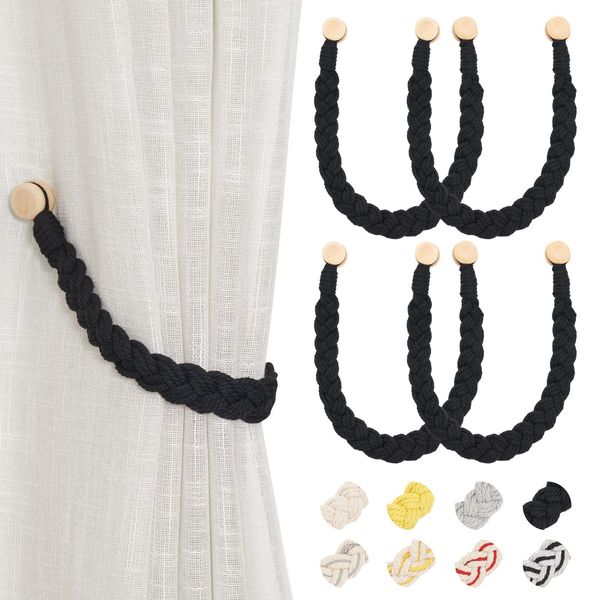 Pretty Jolly 4 Pack Wood Strong Magnetic Curtain Tiebacks Boho Style Decorative Drape Tie Backs Natural Cotton Hand-Woven Soft Rope Curtain Holdbacks for Home & Office Draperies Decor (New Black)