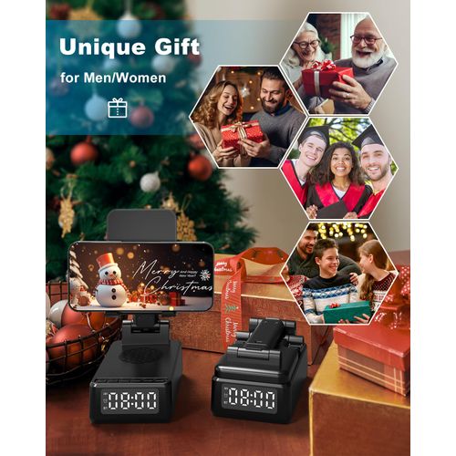 Birthday Gifts for Men Women,6-in-1 Cell Phone Stand Holder with Wireless Bluetooth Speaker & Wireless Charger,Alarm Clock for iPhone,HD Surround Sound Portable Bluetooth Speaker Gifts for Him Her