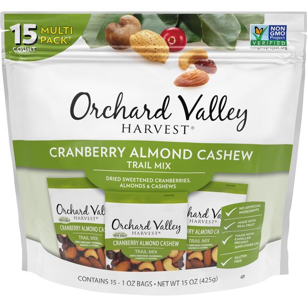 Orchard Valley Harvest Cranberry Almond Cashew Trail Mix, 1 Ounce Bags (Pack of 15), Cranberries, Almonds, and Cashews, Non-GMO, No Artificial Ingredients – Back to School Snacks