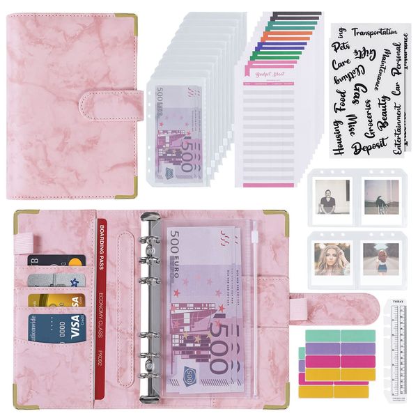 Budget Planner Budget Binder A6 Cash Stuffing Umschlagmethode Pu-Leder Ringbuch Sparbuch mit Folien Zubehör, Finanzplaner für Geld Organizer, Geld Sparen Mappe (Rosa)