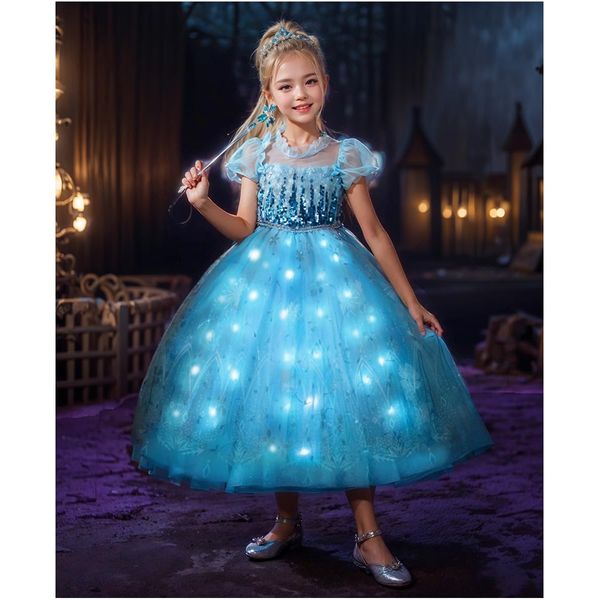 Hulaha Toddler Girls Elsa Costume Light Up Dress Kids Snow Party Dress Kids Costume for Elsa Dress up 3-4T