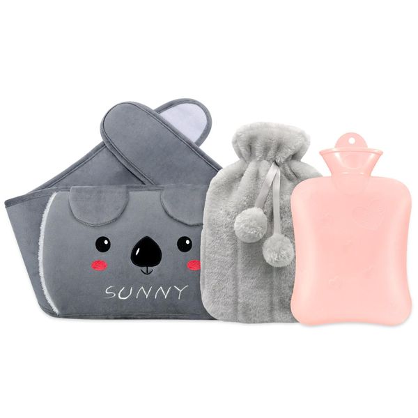 Shining She Hot Water Bottle, Rubber Hot Water Pouch with Soft Waist Waistbelt, Grey Warm Water Bag for Neck, Shoulder, Hand, Back Legs, Hot and Cold Therapy