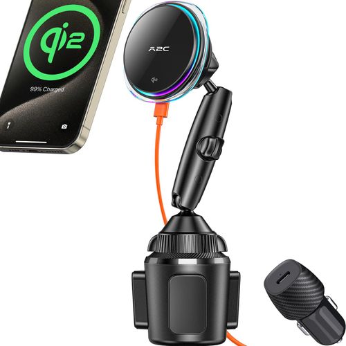 A2C for Qi2 Cup Holder Charger 15W Wireless MagSafe Car Mount with Semiconductor Cooler Fast Charging Fits for iPhone 16 15 14 13 12 Series, for Magnetic iPhone Car Accessories