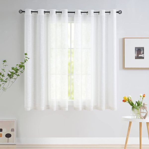 White Semi Sheer Curtains for Bedroom Living Room Linen Textured Window Treatment Set 63 inch Length Light Filtering Sheer Window Drapes for Kitchen Dining 52" w x 2 Panels Grommet Top