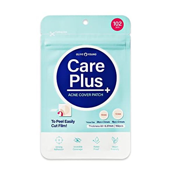 Olive Young Care Plus Spot Patch 1 Pack | Hydrocolloid Acne Korean Spot Patch to Cover Zits, Pimples and Blemishes, for Troubled Skin and Face (102 Count - 10mm*72ea + 12mm*30ea)