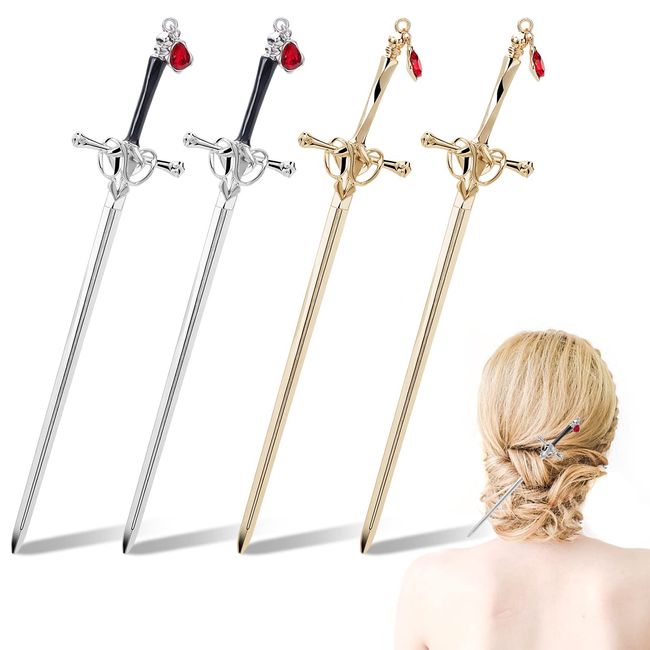 WEBEEDY 4 Stück Chinesische Haarstab Haarstäbchen Metall Haarstäbchen Pins Picks Schwert Form Japanische Haarnadel Chinesisch Vintage Haar Sticks Retro Kopfschmuck Für Damen Mädchen Haarschmuck