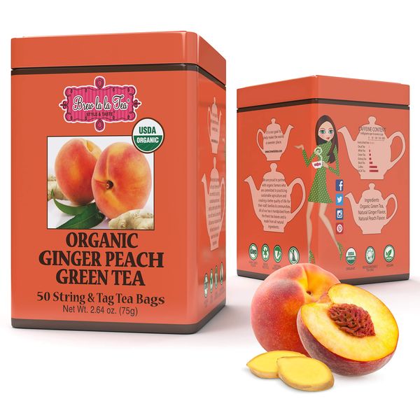 Brew La La Organic Green Tea - Natural Ginger Peach Flavor - 50 Double Chambered Tea Bags - Low Caffeine Tea - USDA Certified Organic - NonGMO - Gluten Free