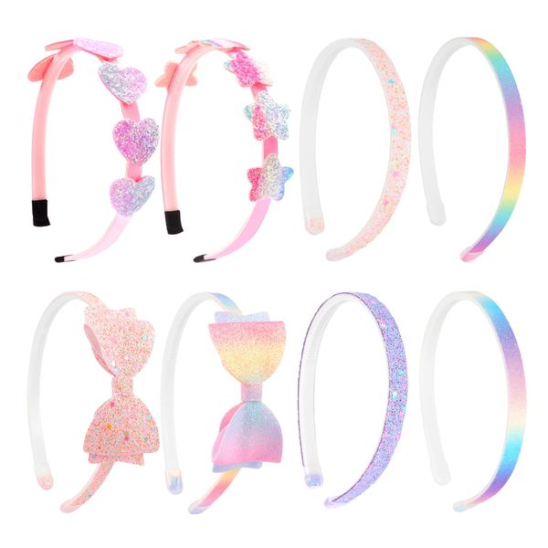 CAVETEE Headband for Girls, 8 PCS Sparkly Cute Toddler Headband Glitter Hair Bands Non Slip Bow Hair Accessories for Girls