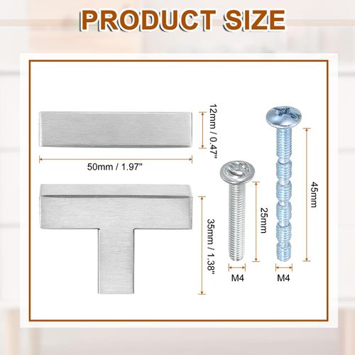uxcell 10 Pack Single Hole Cabinet Handles, 2"/50mm Square Bar Cabinet Knobs Stainless Steel Dresser Knobs t Bar Drawer Pulls for Cabinet Hardware, Silver