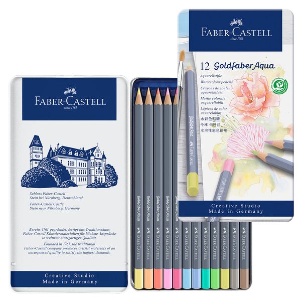 Faber Castel Gold Faber Aqua Watercolor Pencils, Pastel Colors, Set of 12 Colors, Can