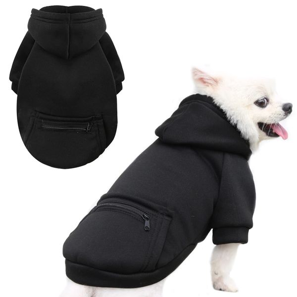 PETCARE Small Dog Sweater Hoodies Pet Black Hooded Soft Fleece Sweatshirts with Pocket Fall Winter Puppy Cat Sweaters Warm Clothes for Small Dogs Shih Tzu Yorkies French Bulldog Outfits Costume