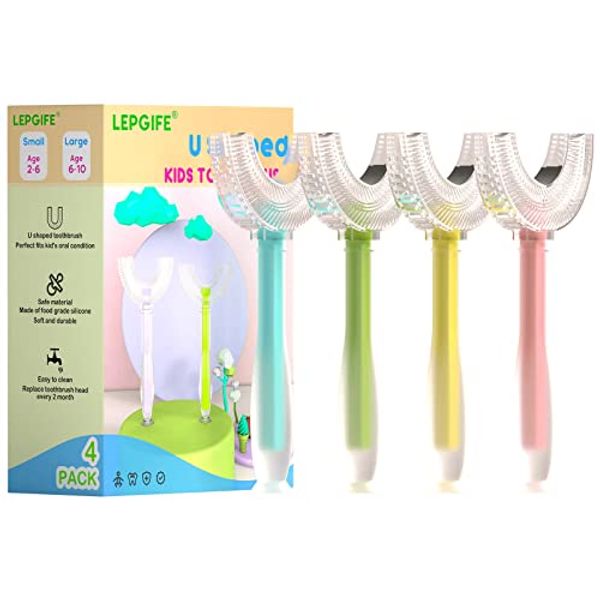 U Shaped Kids Toothbrush 4 Pack, U-Type Whole Mouth Toothbrush for Kids (Age 6-10)