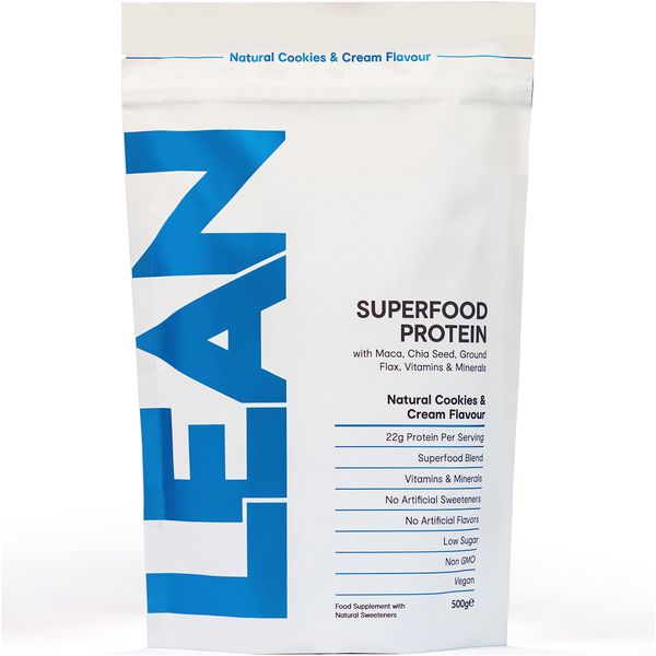 LEAN with Lilly Superfood Protein Vegan Protein Plant Based Protein Cookies and Cream Flavour 500g with Added Chia Seeds, Maca Powder, Ground Flax, Vitamins & Minerals.